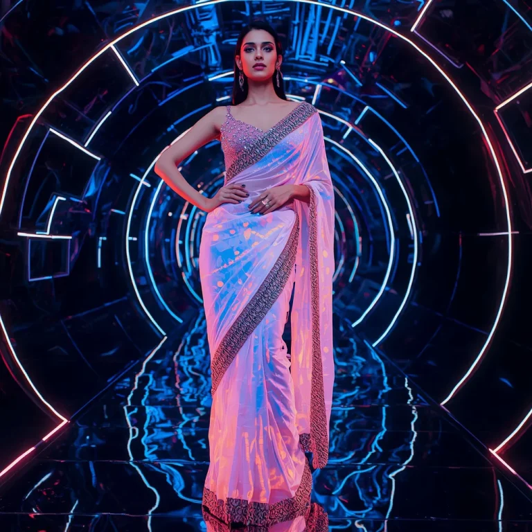 Futuristic Neon Crystal Saree Fashion Look with Cyber Laser Dome Background | prompt for traditional look for girl and girl — AI image prompt