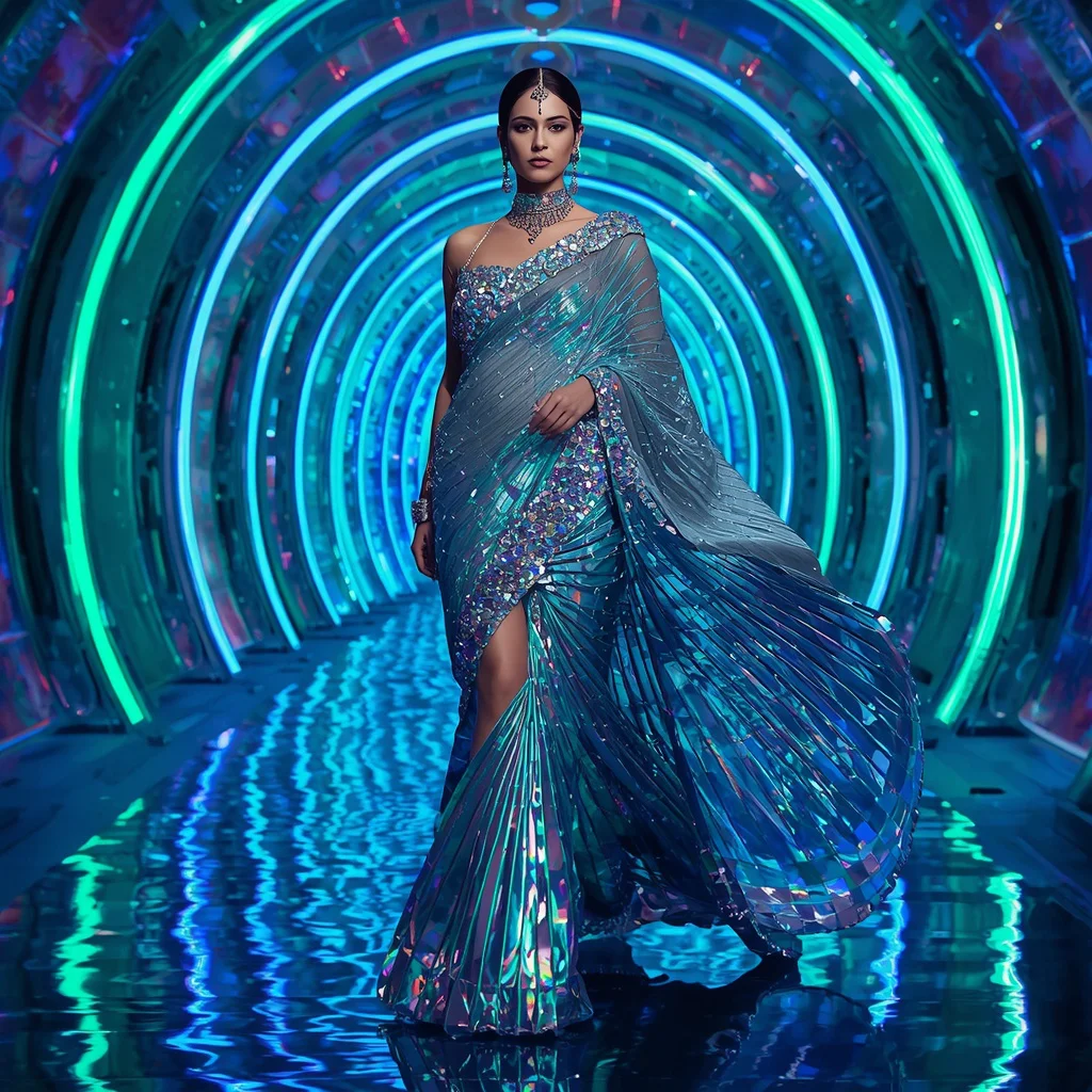 Galactic Prism Maharani Saree with Floating Neon Infinity Cathedral | prompt for gemini girl in saree — AI image prompt
