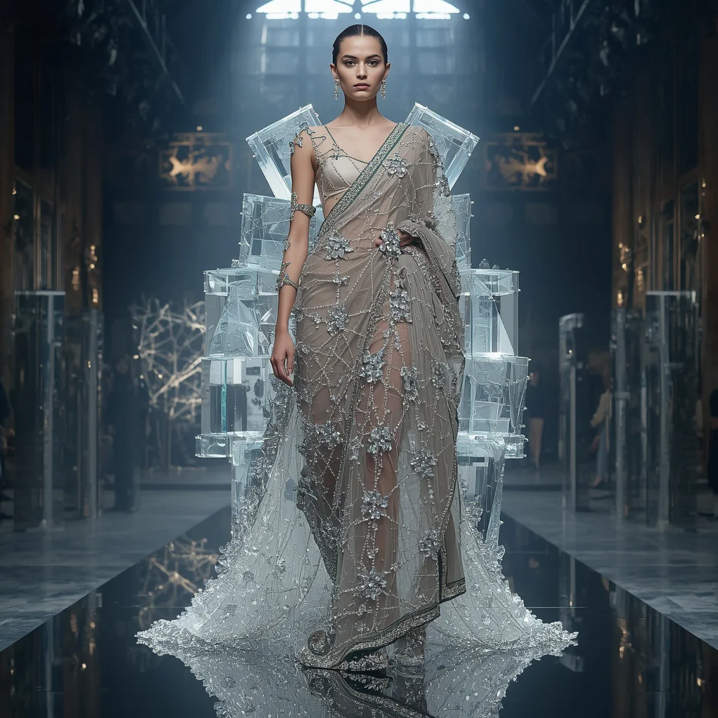 Geometric Crystal Cube Saree with Floating Fashion Architecture | traditional saree prompt for chatgpt in english for girl — AI image prompt