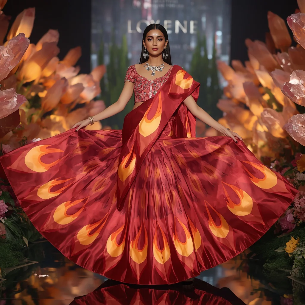 Giant Floral Flame Saree Pose with Luxury Crystal Garden Background | prompt seen girl saree — AI image prompt