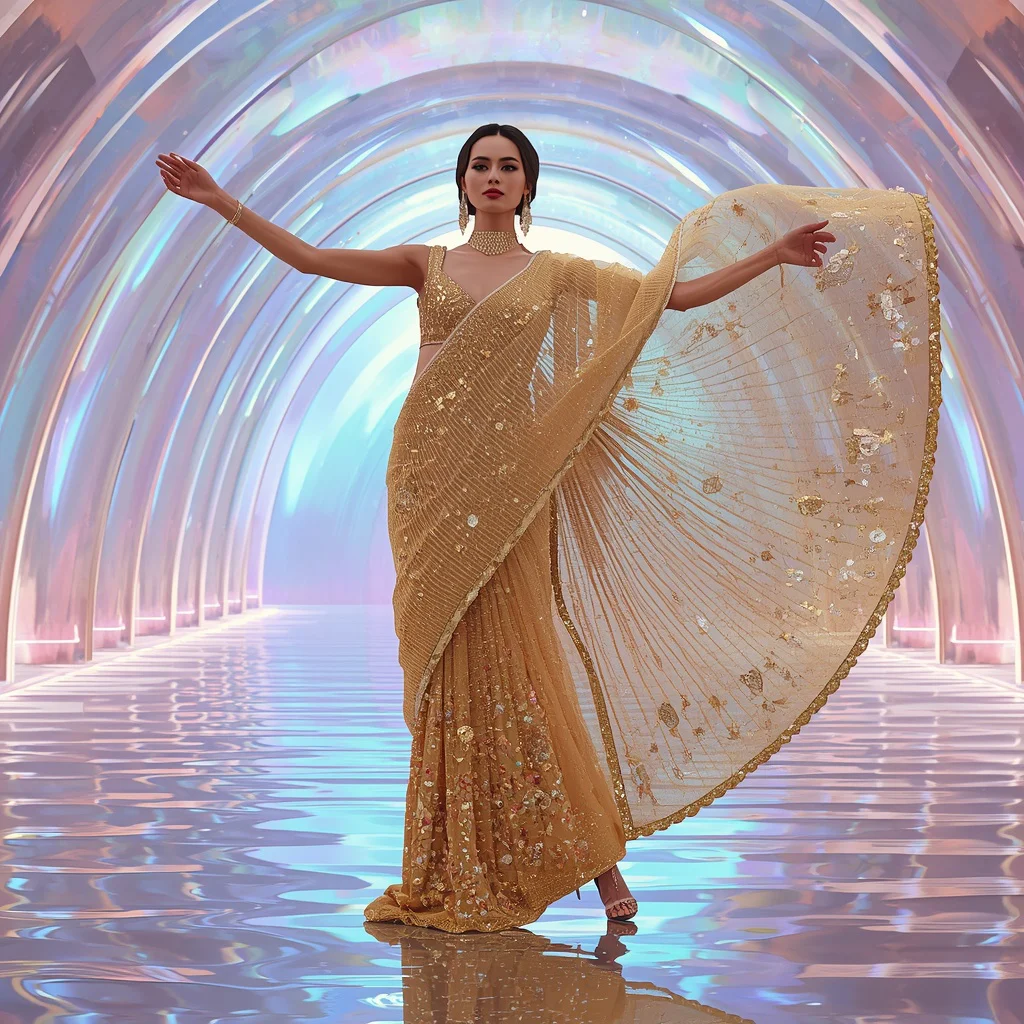 Golden Aurora Mirror Saree with Floating Rainbow Galaxy Hall | instagram prompt for traditional look for girl in english — AI image prompt