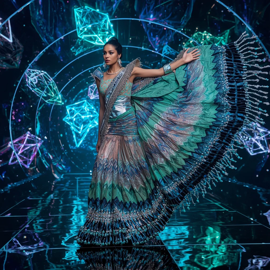 Infinity Prism Royale Saree with Floating Neon Crystal Galaxies | indian saree ai prompt — AI image prompt