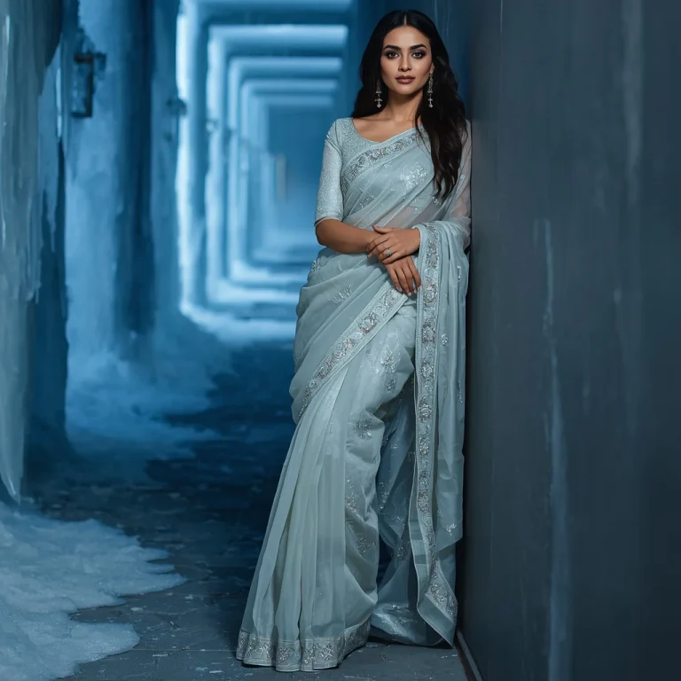 Luxury Ice Smoke Aurora Silk Saree Couture with Elegant Lean Pose and Frozen Mist Corridor Background | saree selfie ai prompt — AI image prompt