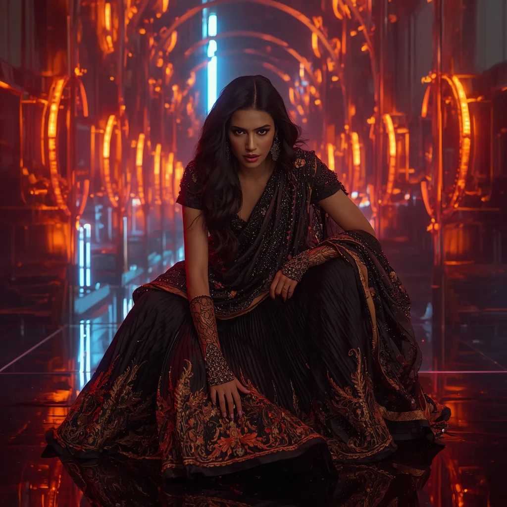 Midnight Phantom Thunder Saree with RGB Orbit Fortress | trending blue saree prompt — AI image prompt