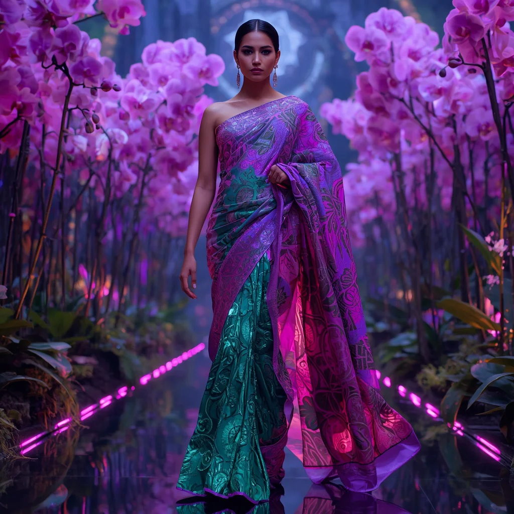 Neon Orchid Bio Reactor Saree with Living Light Singularity Continuum Dome Core Field | prompt for gemini ai girl style trending instagram reddit — AI image prompt