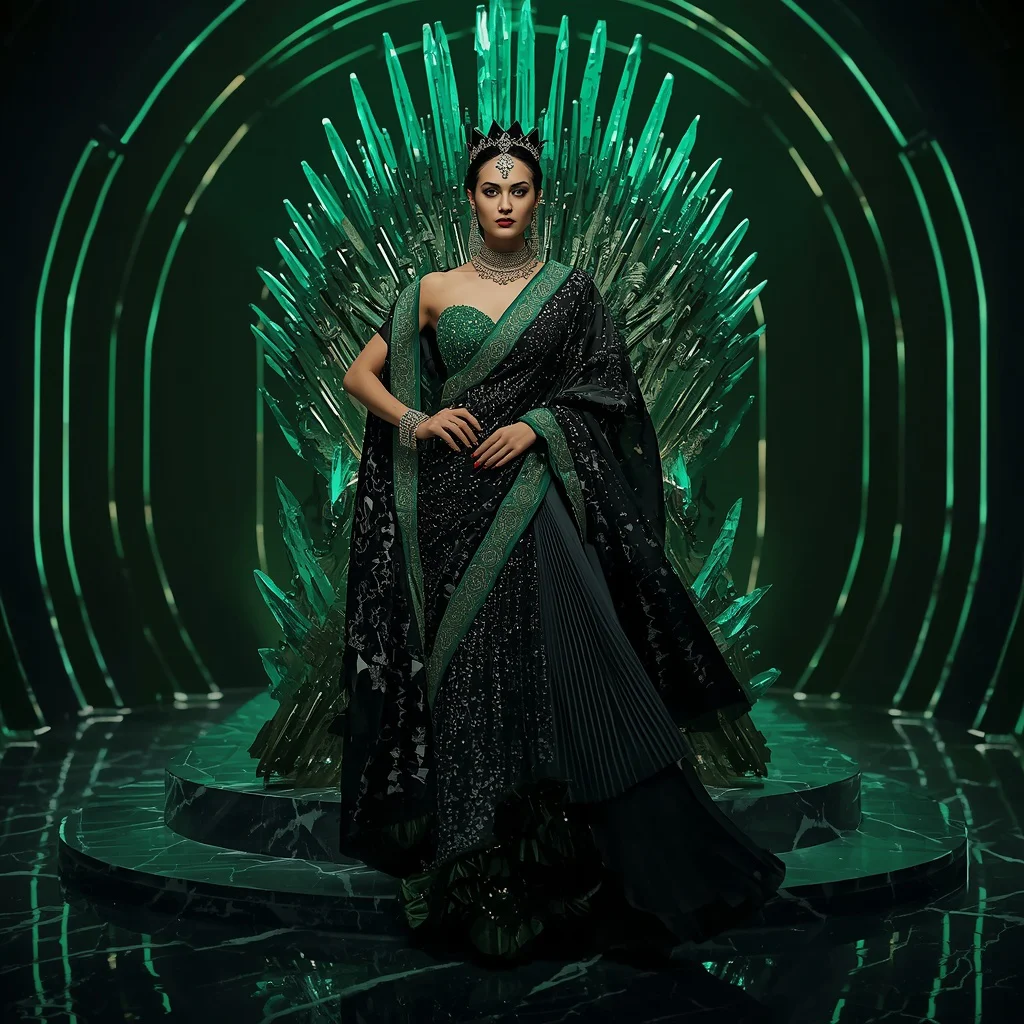 Obsidian Emerald Queen Saree with Shadow Crystal Throne Hall | prompt for girls college ai photo editing — AI image prompt