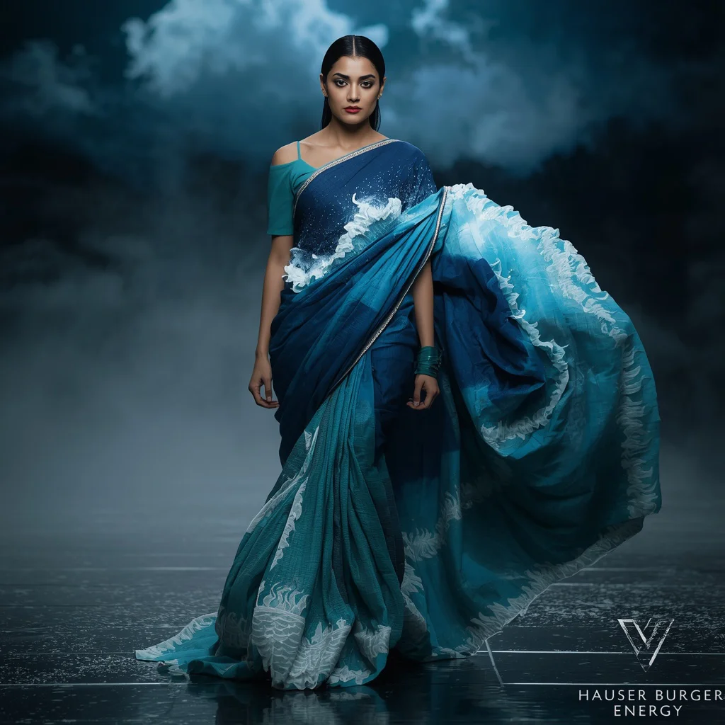 Ocean Storm Energy Festival Saree with Deep Wave Motion Fashion Editorial Concept Design | prompt for traditional look for girl chatgpt instagram — AI image prompt