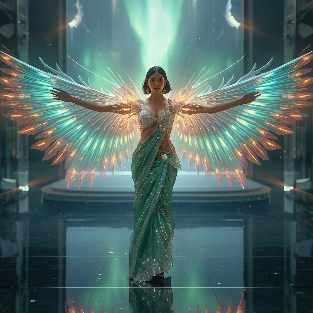 Plasma Aurora Crystal Wing Saree with Energy Sky Expansion Field | image prompt — AI image prompt