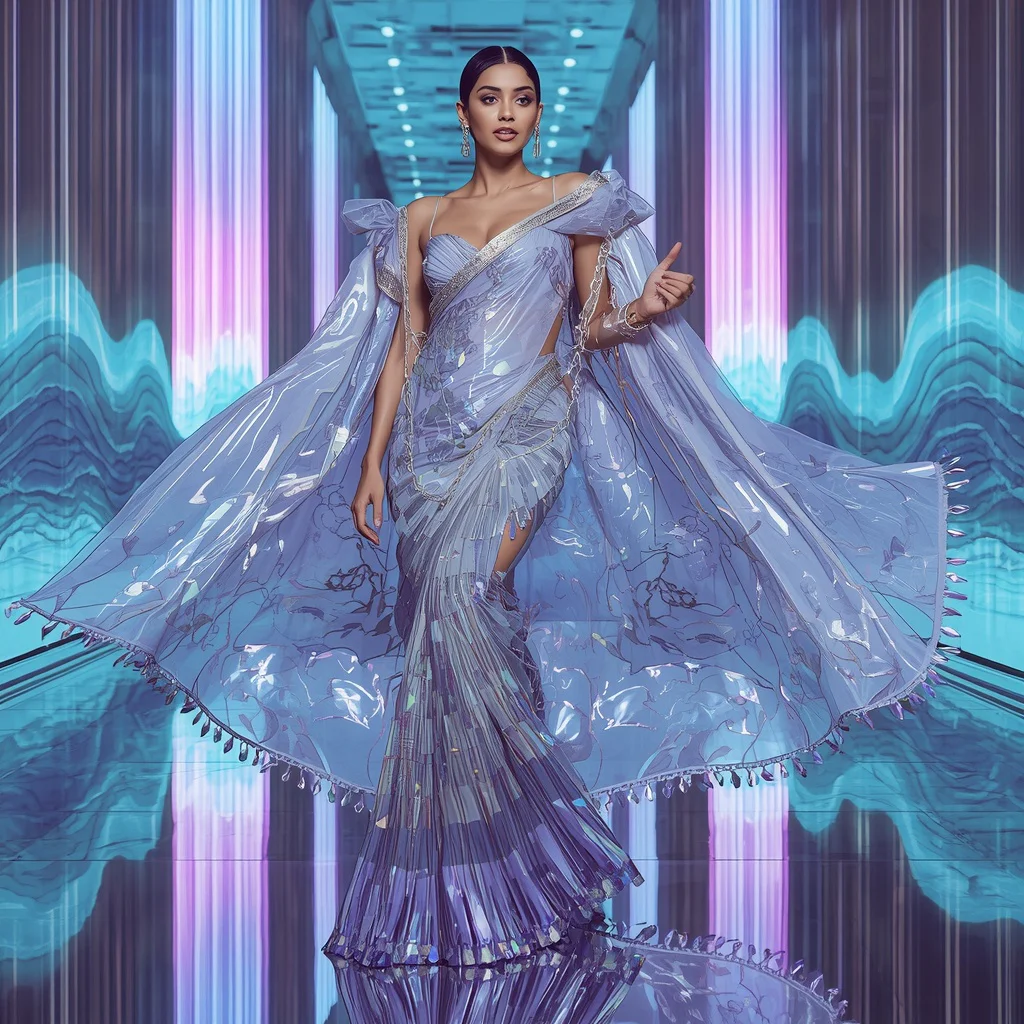 Platinum Galaxy Mirage Saree with Floating Aurora Palace | saree instagram ai prompt — AI image prompt