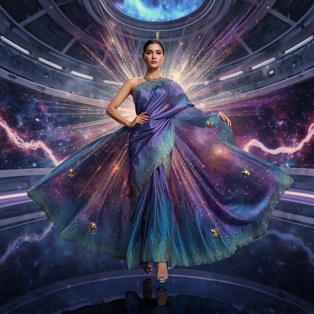 Quantum Silk Supernova Saree with Expanding Light Galaxy Dome | saree prompt for women in english — AI image prompt
