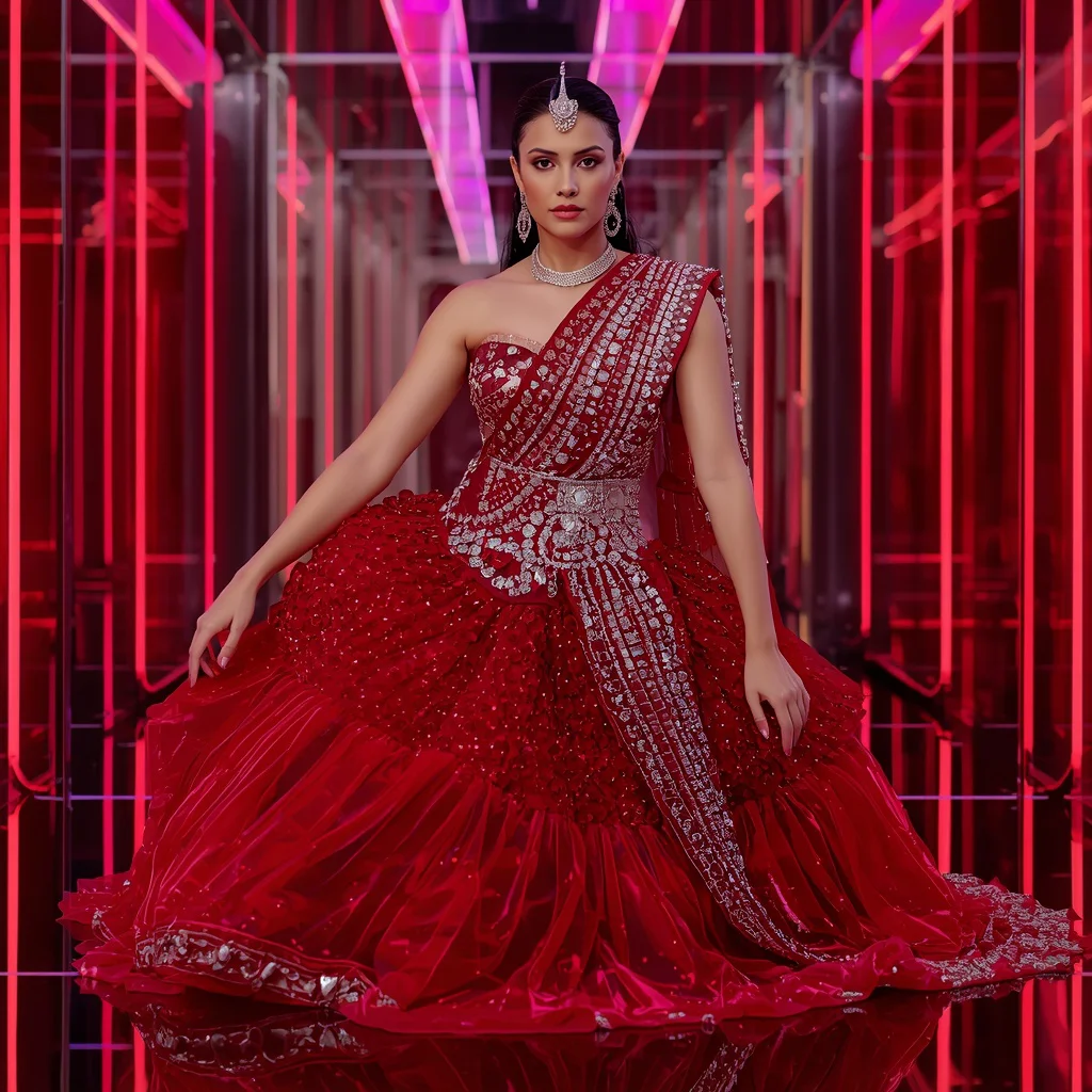 Ruby Crystal Royale Saree with Neon Reflection Arena | image prompt — AI image prompt