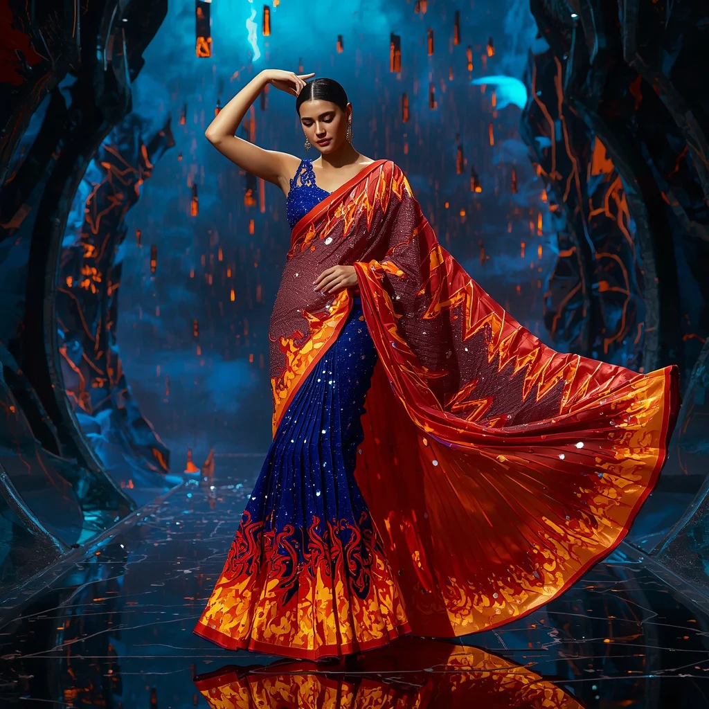 Sapphire Flame Mirage Saree with Neon Volcano Cosmos | prompt for saree in english — AI image prompt