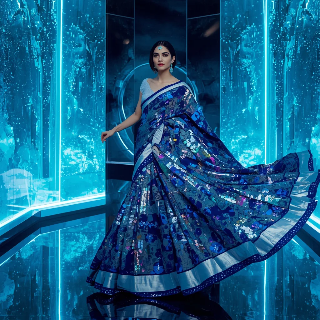 Sapphire Ice Aurora Saree with Crystal Orbit Water Universes | prompt seen saree girl — AI image prompt