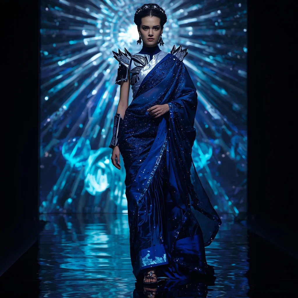 Sapphire Nebula Titan Apex Hypercore Quantum Armor Saree with Floating Laser Cathedral Sphere Nexus Grid | prompt seen gemini girl instagram — AI image prompt