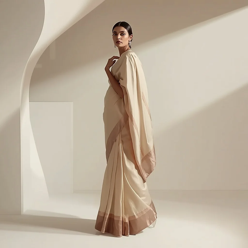 Soft Luxury Silk Festival Saree with Modern Clean Fashion Studio Minimal Editorial Concept Design | prompts for saree look — AI image prompt