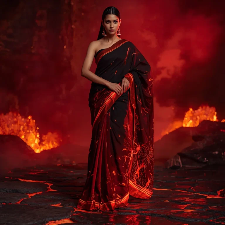 Ultra Contemporary Lava Crystal Festival Saree with Molten Gem Energy Fashion Concept Design | desi saree ai prompt — AI image prompt