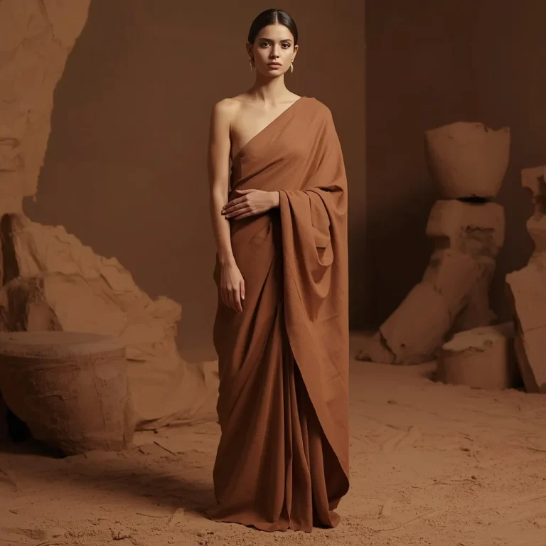 Ultra Minimal Soft Clay Sculpture Festival Saree with Earth Crafted Fashion Editorial Concept Design | instagram trending saree prompt for girl — AI image prompt