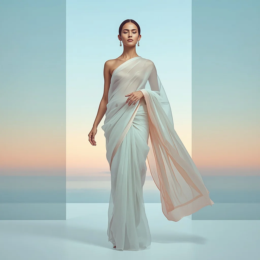 Ultra Minimal Soft Horizon Glass Festival Saree with Transparent Sky Light Fashion Concept Design | trending saree prompt for girl — AI image prompt