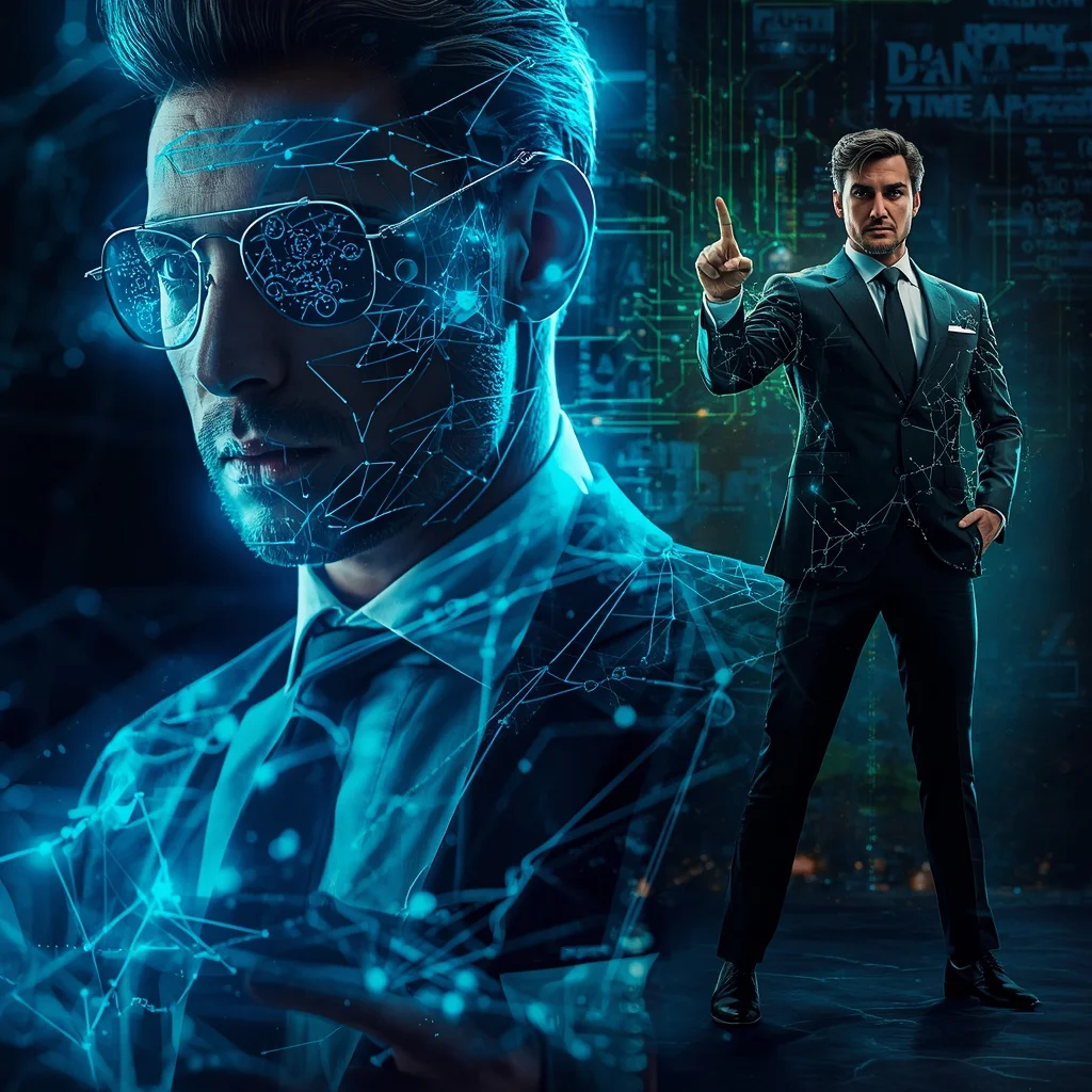 Confident Man: Collage with Dynamic Digital Circuitry Patterns | prompt ai — AI image prompt
