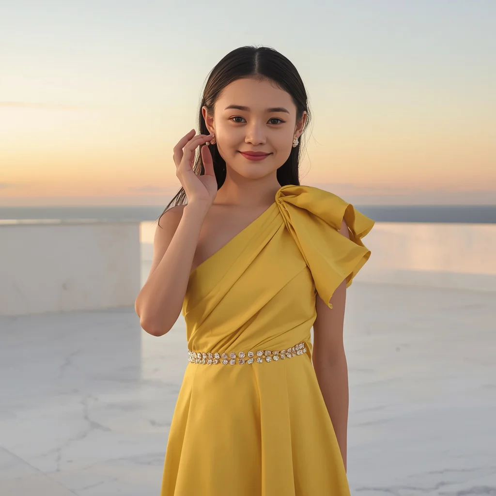 Cute Girl In Canary Yellow Ruffled Cocktail Dress Portrait Design Setup | prompt for look for girl instagram — AI image prompt