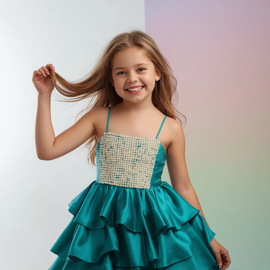 Cute Girl In Vivid Teal Ruffled Satin Dress | Trending blue prompt — AI image prompt