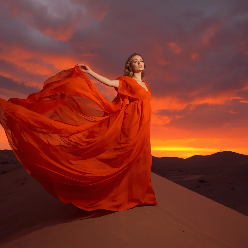 High Fashion Desert Sunset Shoot In Flowing Dress | Retro style prompt for gemini girl instagram — AI image prompt