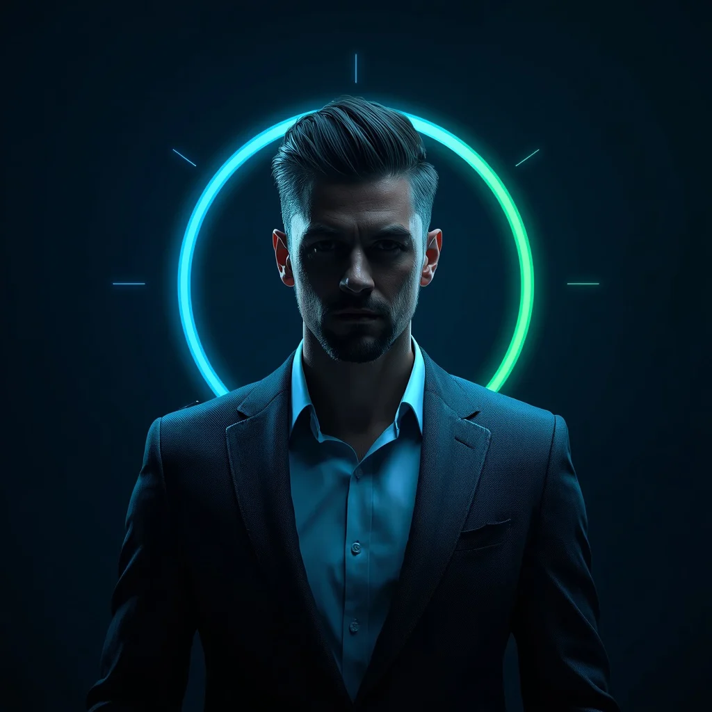 Modern Man: Solo Portrait with Abstract Tech-Glow Halo | text to image prompt — AI image prompt