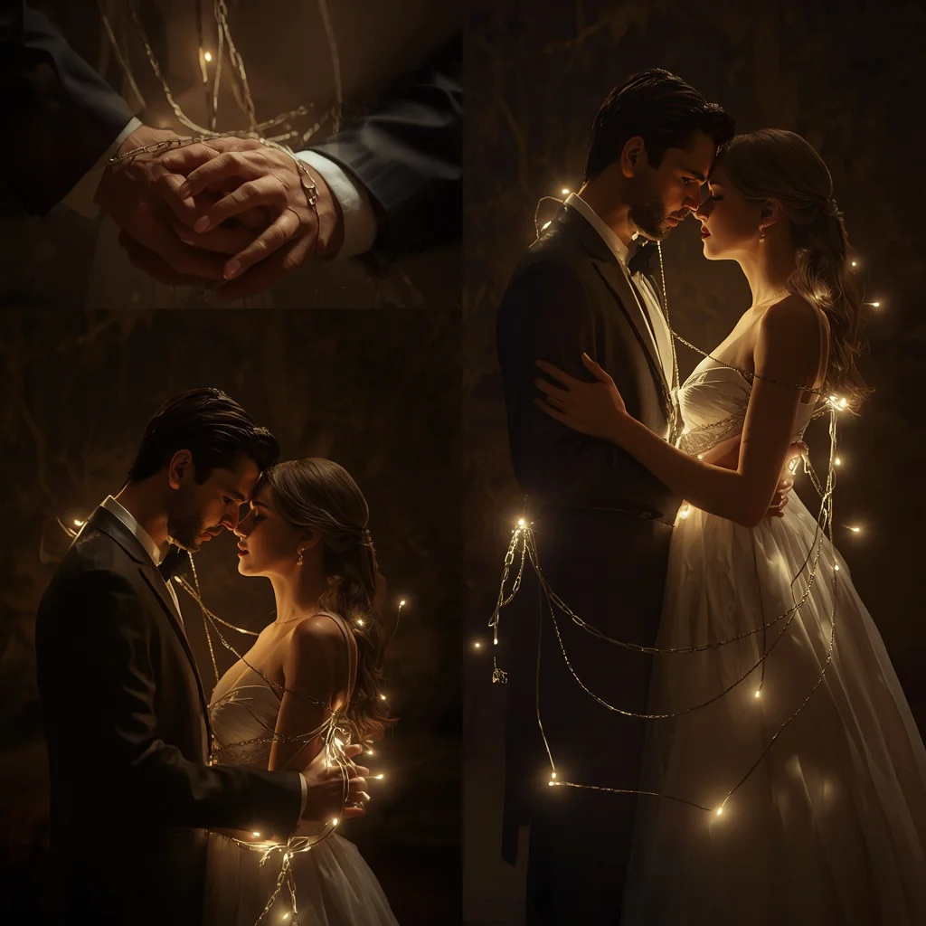 Romantic Couple: Collage with Glowing Ethereal Chains | Romantic couple ai prompt Indian Instagram — AI image prompt
