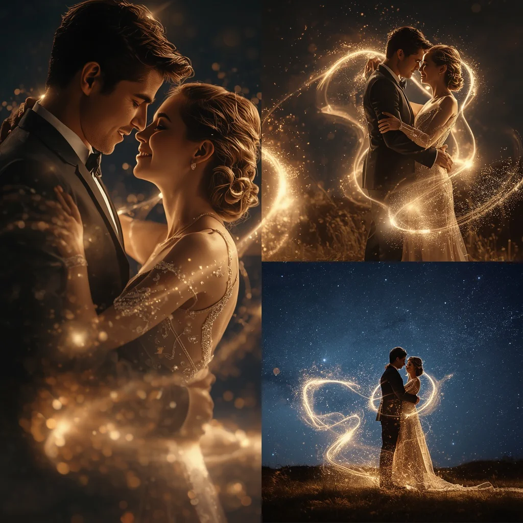Romantic Couple: Collage with Glowing Stardust Trails | Prompt seen romantic Couple AI photo Editing online — AI image prompt