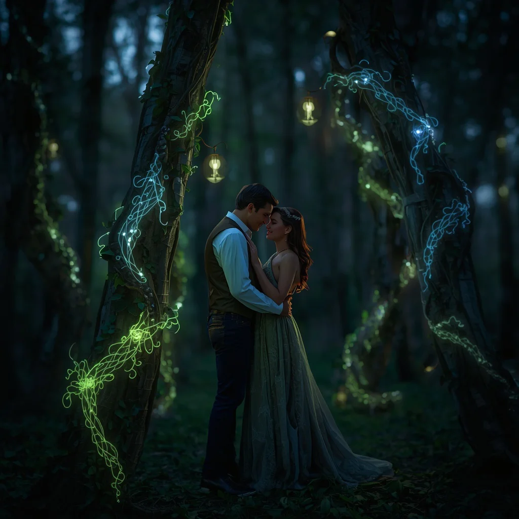 Romantic Couple: Solo Shot in Enchanted Forest with Luminous Vines | Romantic couple prompts — AI image prompt